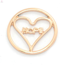 Nouveau design en alliage d&#39;or rose ronde charmes flottants médaillon HOPE plaques